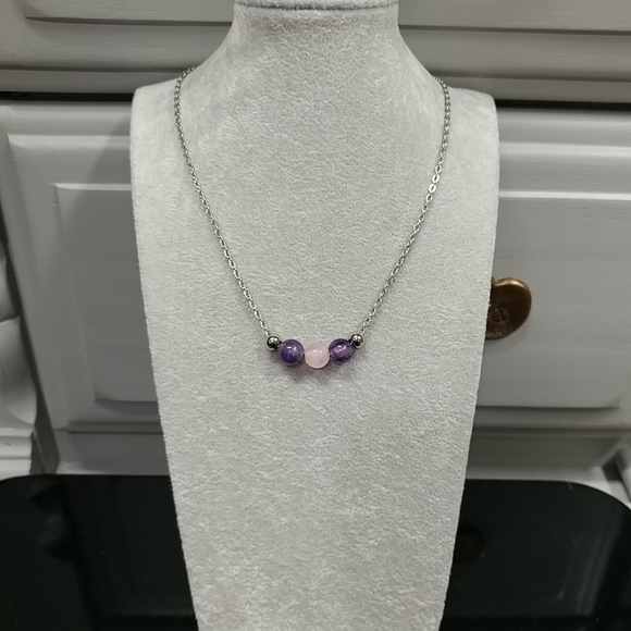 Amethyst Rose Quartz Three Bead Necklace Natural Gemstone Crystal StainlessSteel - Picture 3 of 12